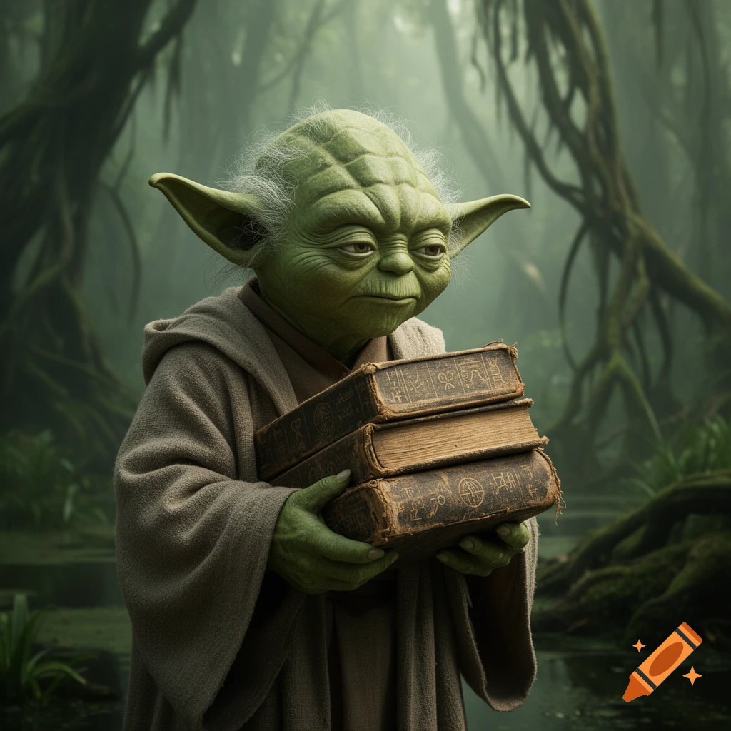 Yoda, a green-skinned creature with large ears, in a brown robe, stands in a misty swamp forest, holding a stack of old books.