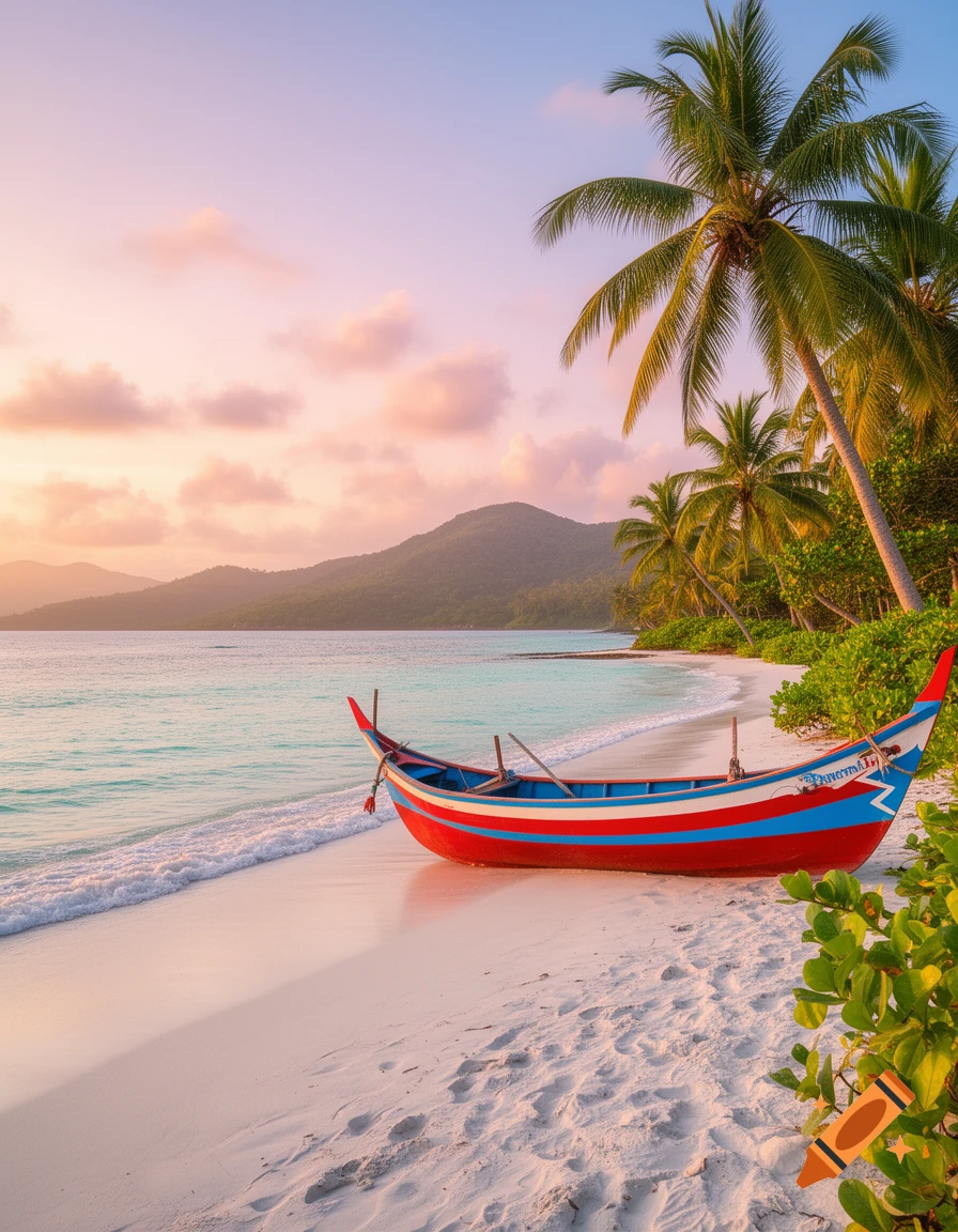 Red and blue boat on a white sand tropical beach with palm trees and calm turquoise water at sunset.