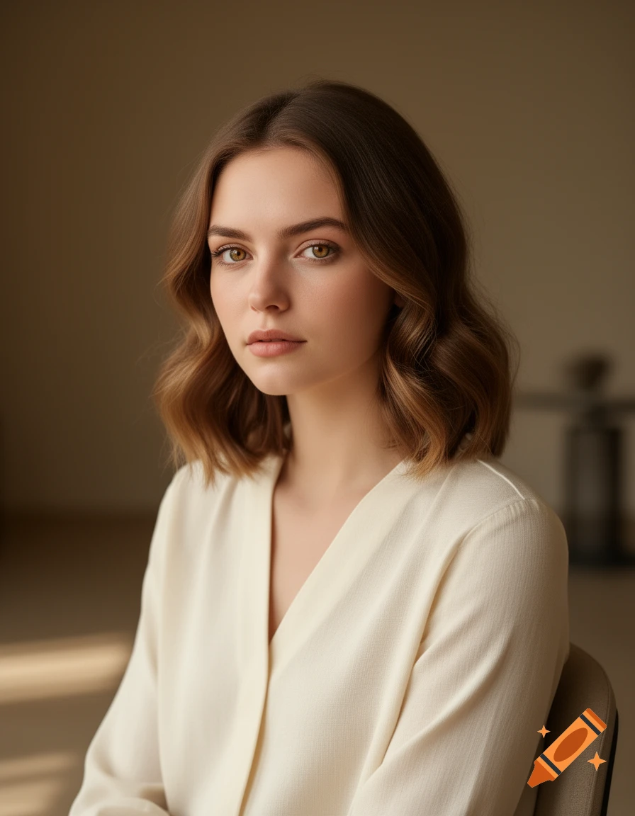 A photorealistic portrait of a young woman with brown wavy hair and light eyes, wearing a cream blouse, looking directly at the viewer.