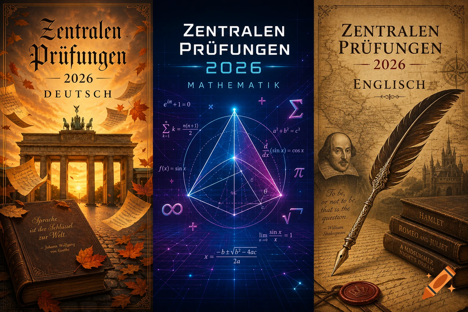 Three educational posters side-by-side: German with Brandenburg Gate and autumn leaves, Math with glowing geometric patterns and formulas, and English with Shakespeare and a quill.