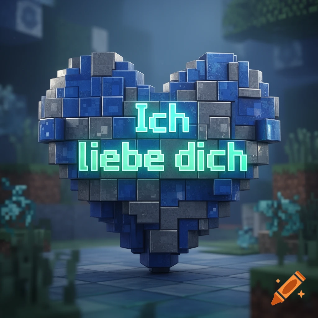 A pixelated heart made of blue and grey blocks, with glowing green text "Ich liebe dich" in a Minecraft-style world.