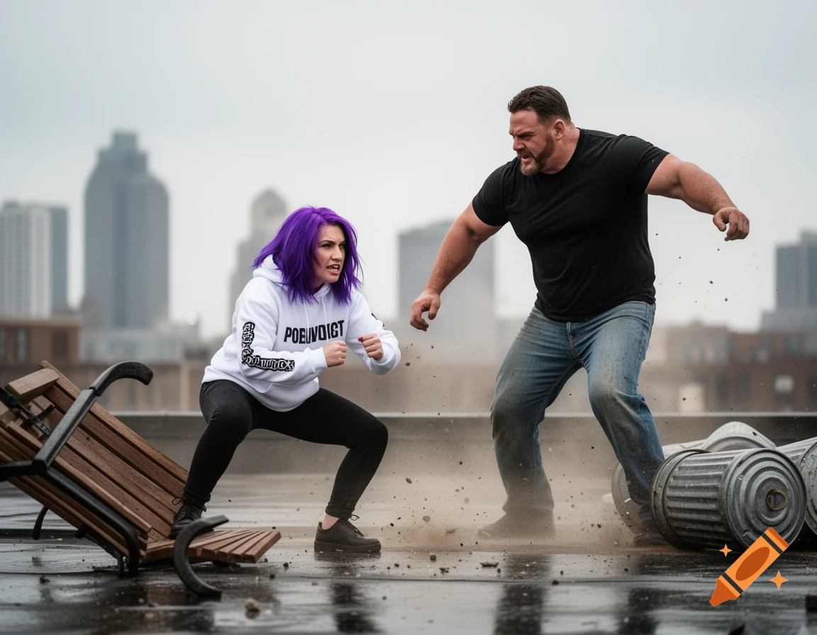 A woman with purple hair and a large man in a black shirt and jeans are in a fighting stance on a wet rooftop, with city buildings in the background.
