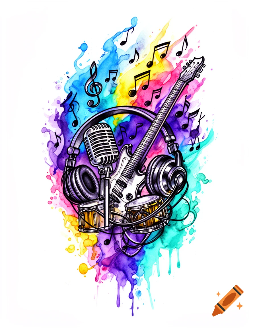A vibrant watercolor painting of a guitar, microphone, drums, and headphones surrounded by colorful paint splashes and musical notes.