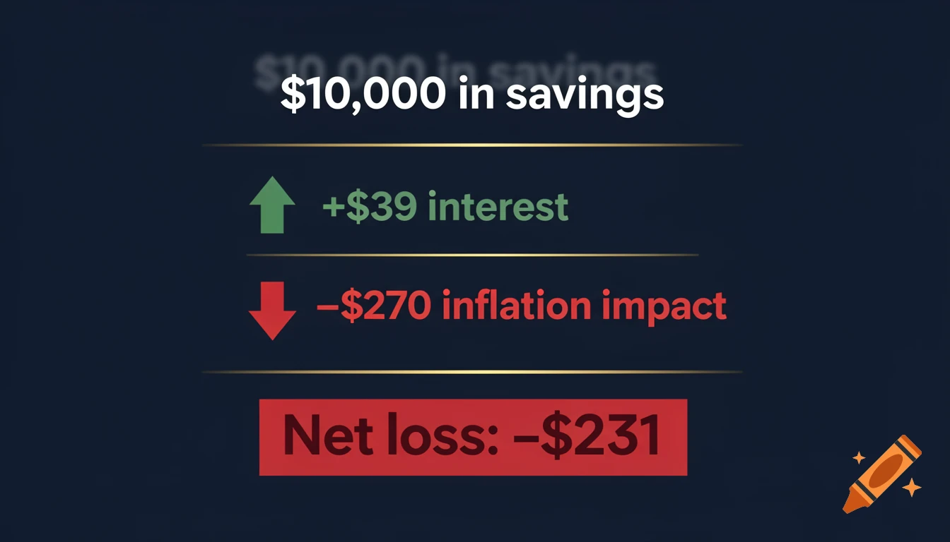 An infographic showing a financial breakdown: $10,000 in savings, +$39 interest, -$270 inflation impact, resulting in a Net loss: -$231. The text is white, green, and red on a dark blue background with gold accent lines.