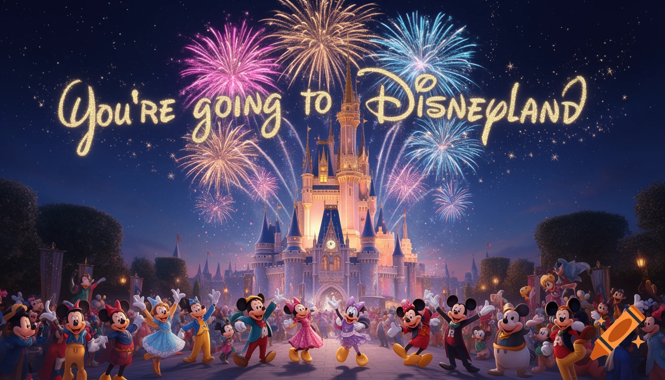 Disneyland castle with fireworks and Disney characters at night. Text 'You're going to Disneyland' in the sky.