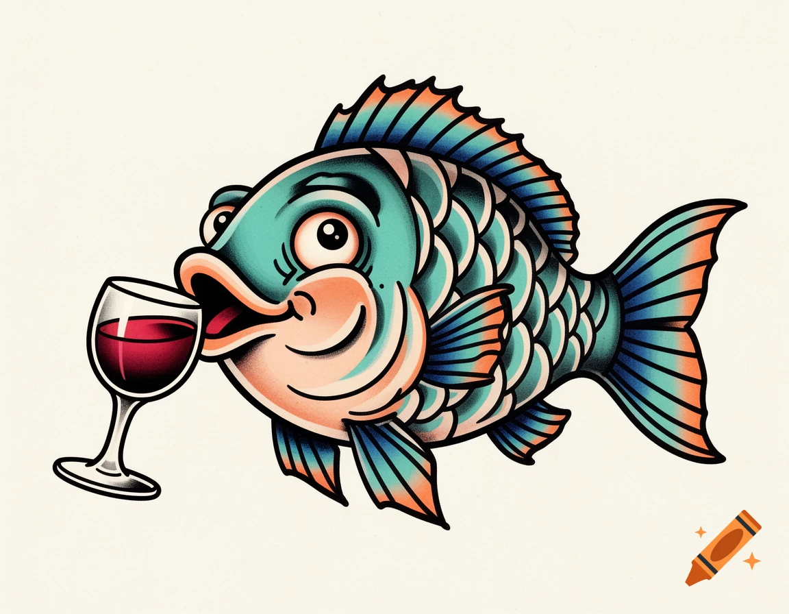Traditional tattoo flash of a cartoon fish with big eyes happily drinking red wine from a glass.