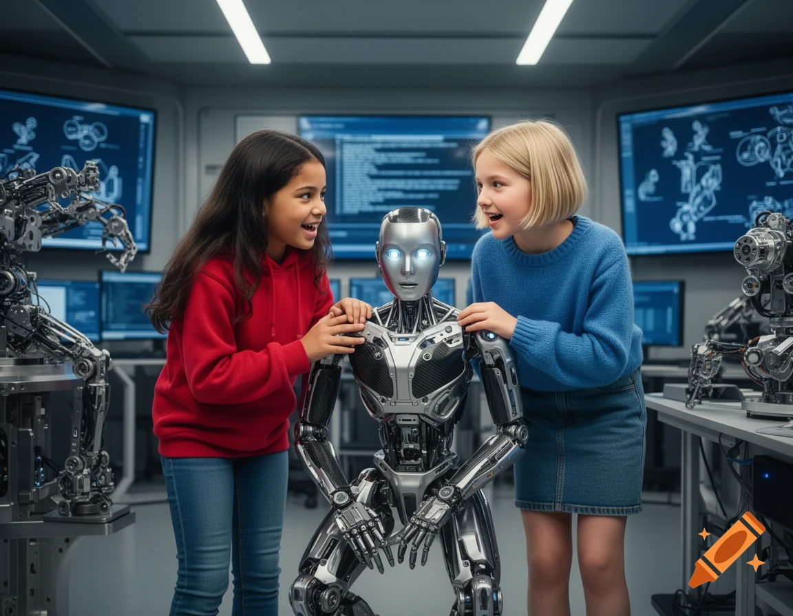 Two young girls interact happily with a metallic humanoid robot in a futuristic laboratory filled with computer screens.