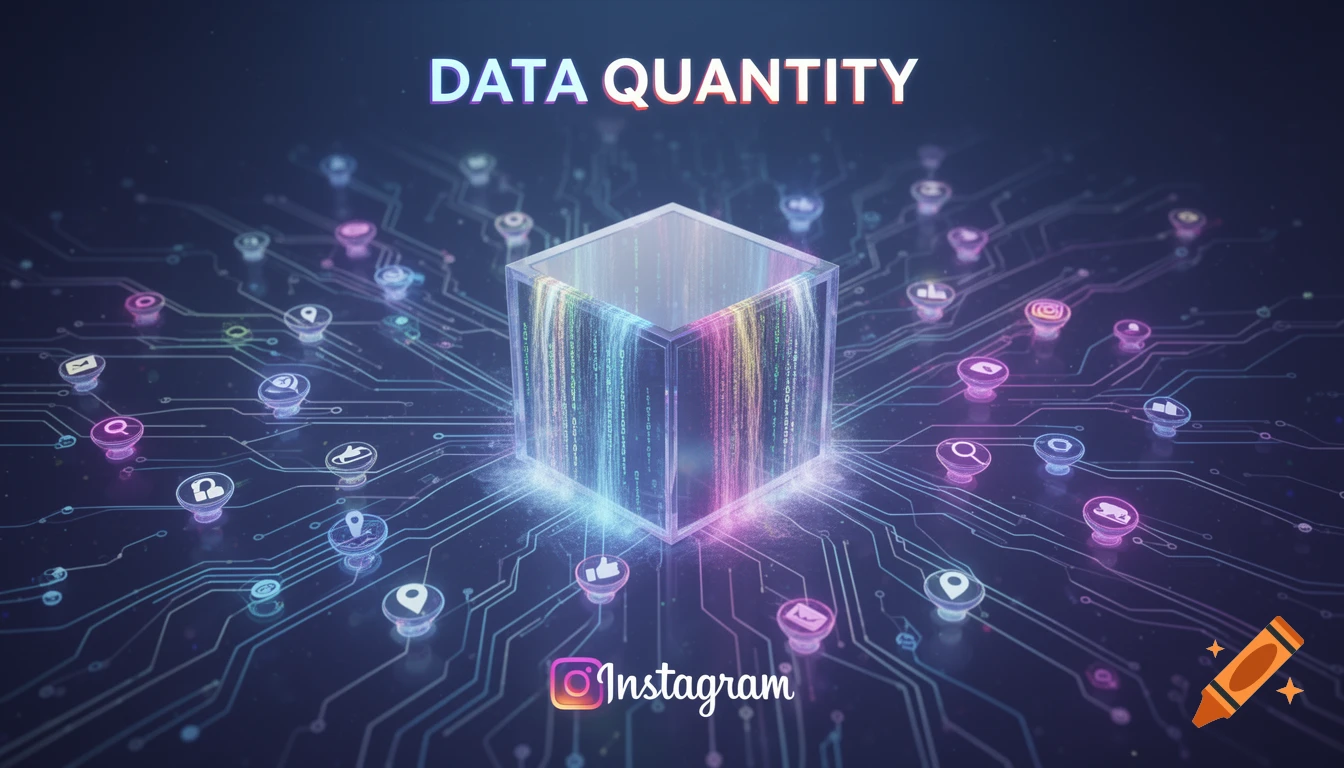 Abstract graphic of a luminous cube with colorful data streams and social media icons on a circuit board, labeled 'DATA QUANTITY' and 'Instagram'.