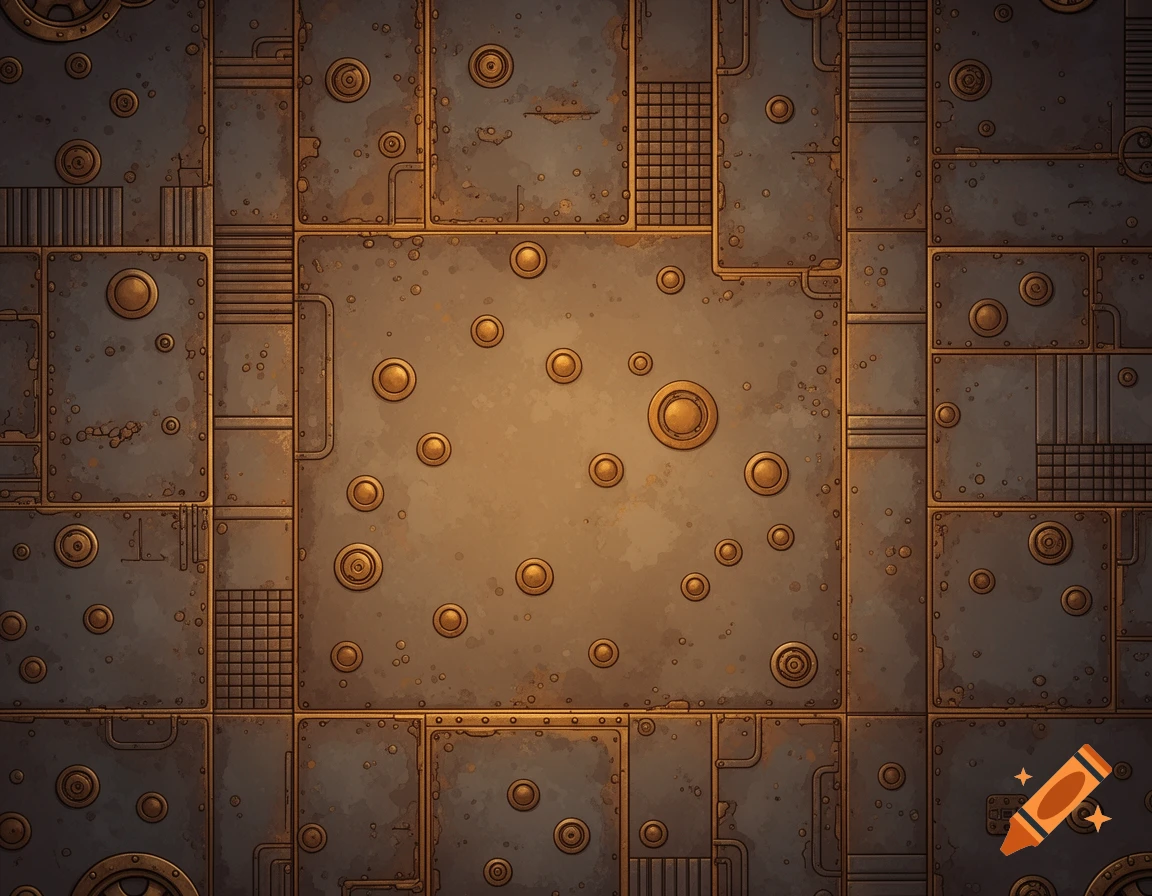 Overhead view of a steampunk industrial metallic background with plates, rivets, grates, and warm lighting.