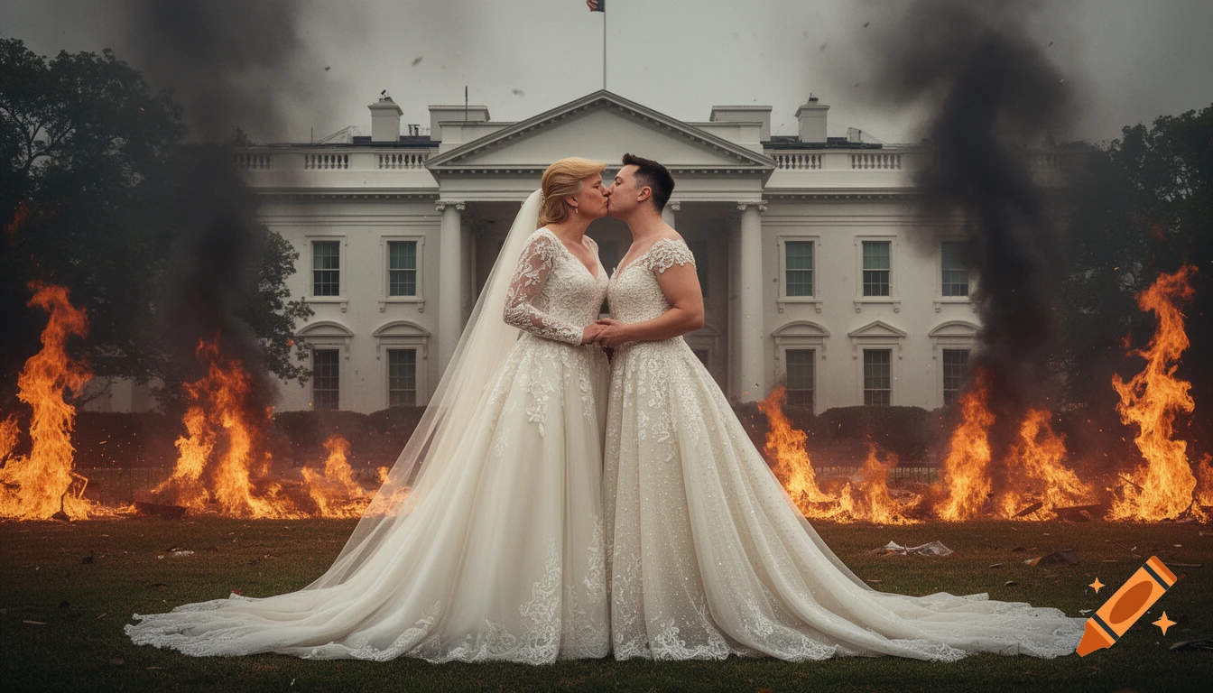 Caricatures of Trump and Musk in wedding dresses kiss in front of the White House engulfed in flames and smoke, photorealistic style.