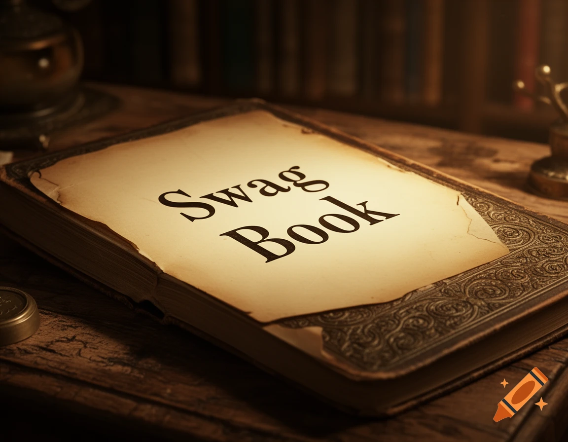 Close-up of an old book titled "Swag Book" on a dark wooden table, illuminated by warm ambient light.