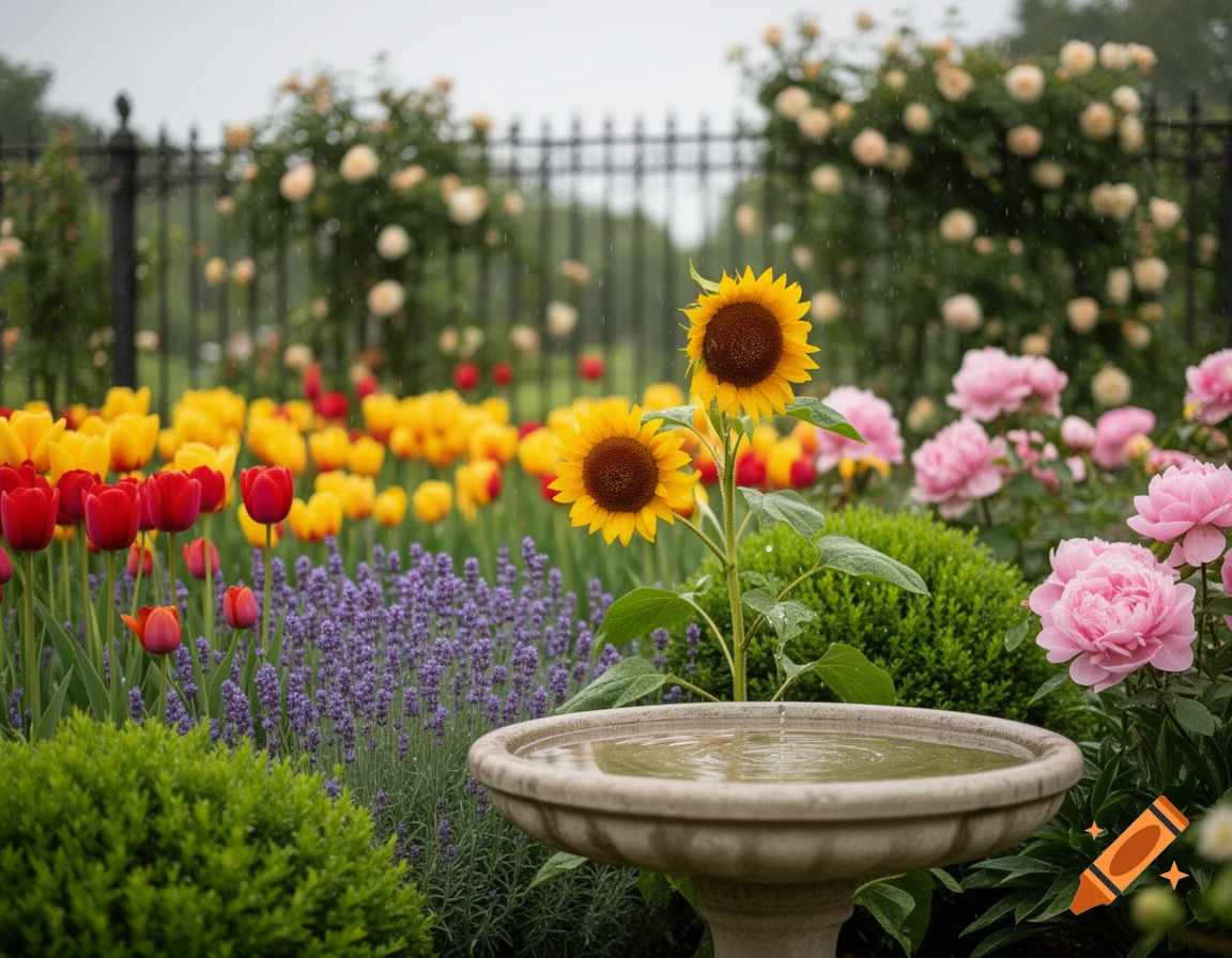 Vibrant flower garden with sunflowers, red and yellow tulips, lavender, pink peonies, and a stone bird bath.