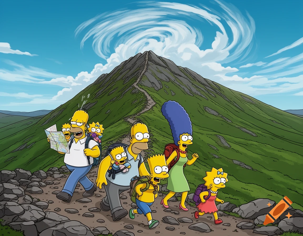 The Simpsons family, including Homer, Marge, Bart, Lisa, and Maggie, hiking up a rocky green mountain path under a blue sky.