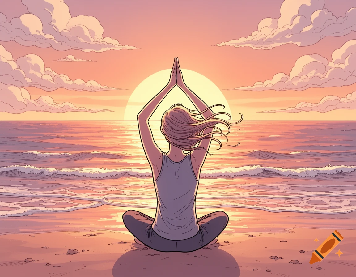 A person meditates on a beach at sunset, arms raised in a comic art style.