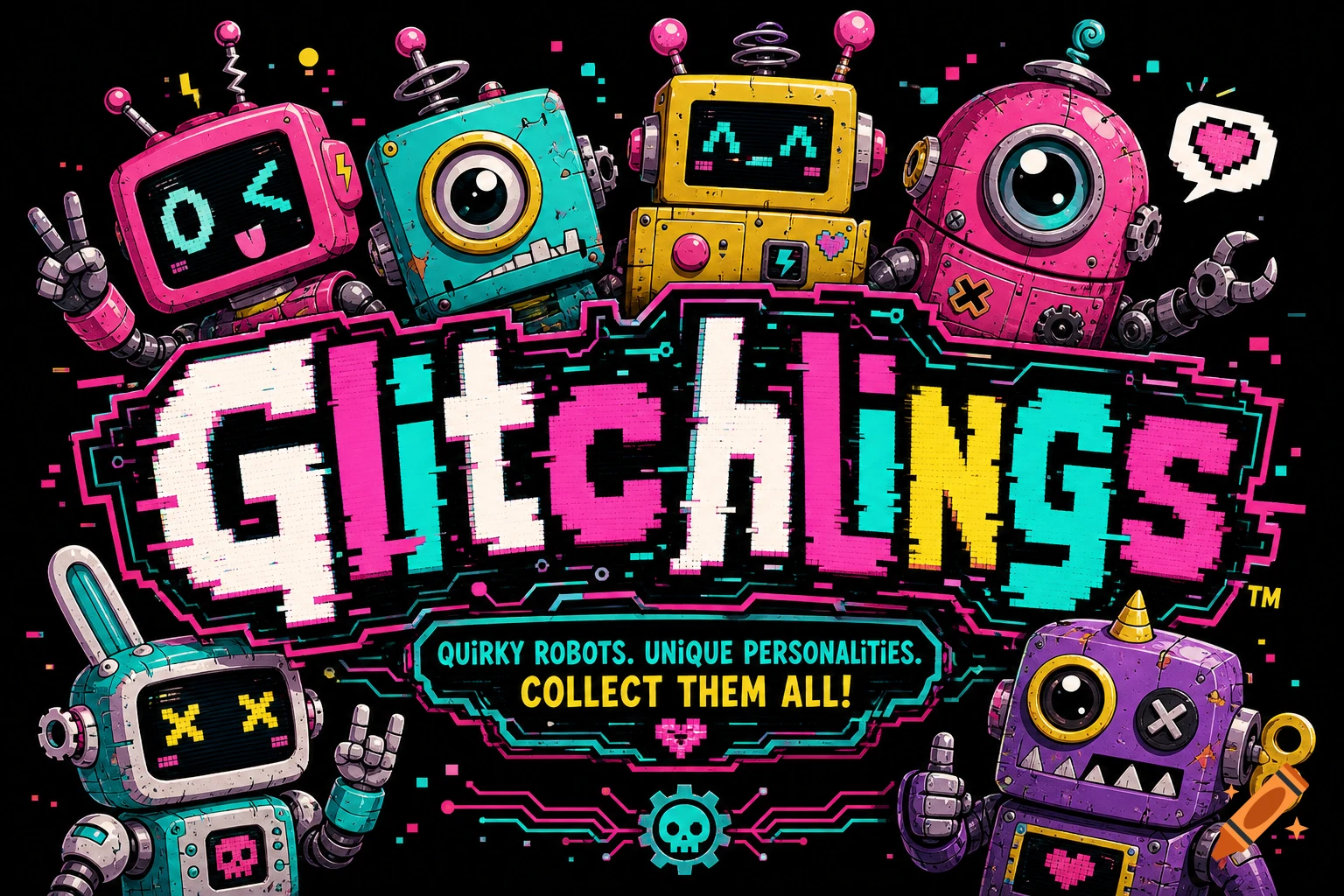 Colorful, retro-style pixel robots surround the logo text 'Glitchlings' and 'Quirky Robots. Unique Personalities. Collect Them All!'