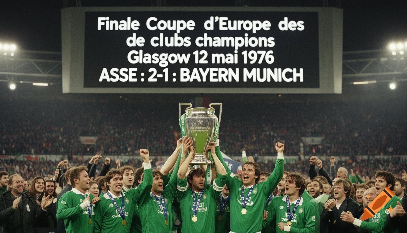 A jubilant football team in green jerseys lifts a silver trophy as a stadium scoreboard shows the 1976 final score.