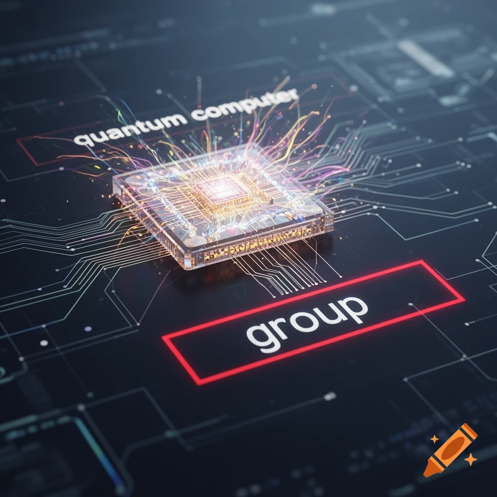 A stylized, glowing quantum computer chip at the center of a circuit board, with lines of light extending from it. Text reads 'quantum computer' and 'group' in a red box on the dark background.