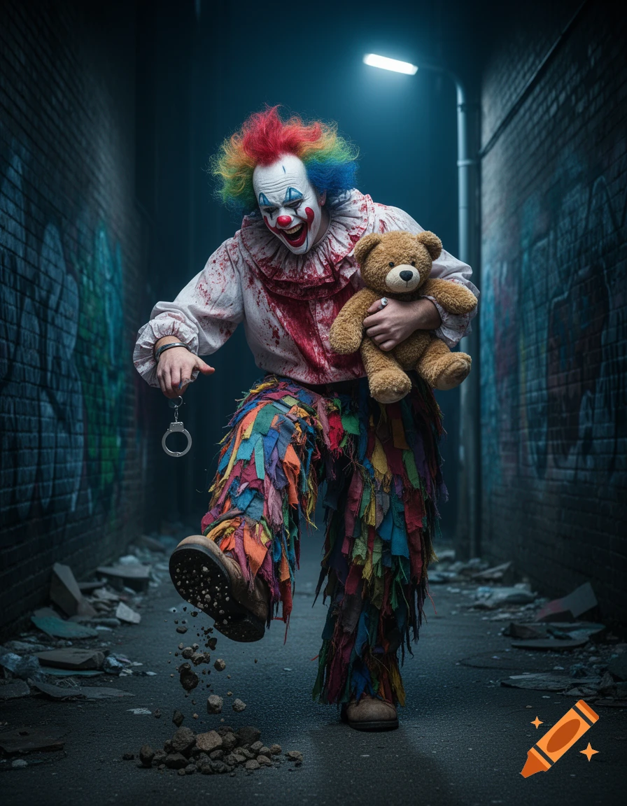 A photorealistic, blood-stained clown with rainbow hair kicks up rocks in a dark alley, holding a teddy bear and handcuffs.