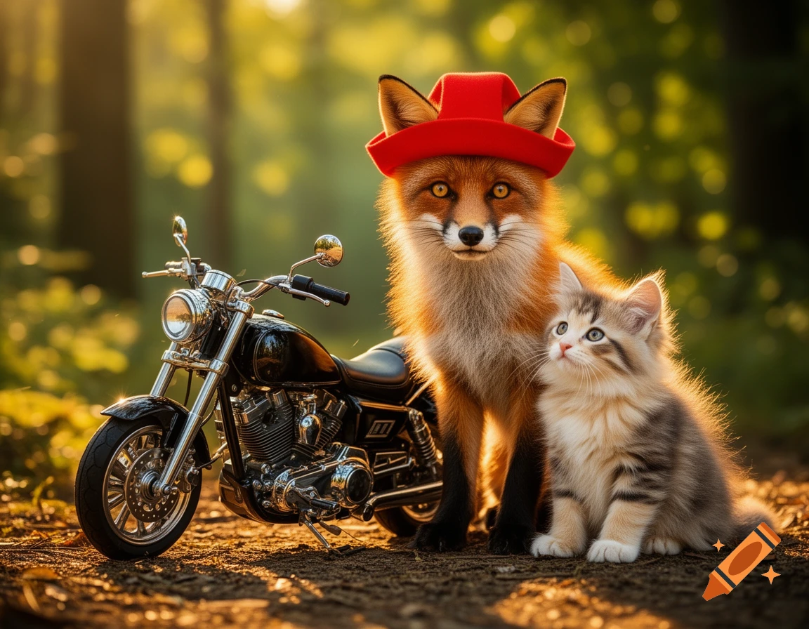 A photorealistic fox wearing a red hat next to a kitten and a motorcycle on a sunlit forest path.