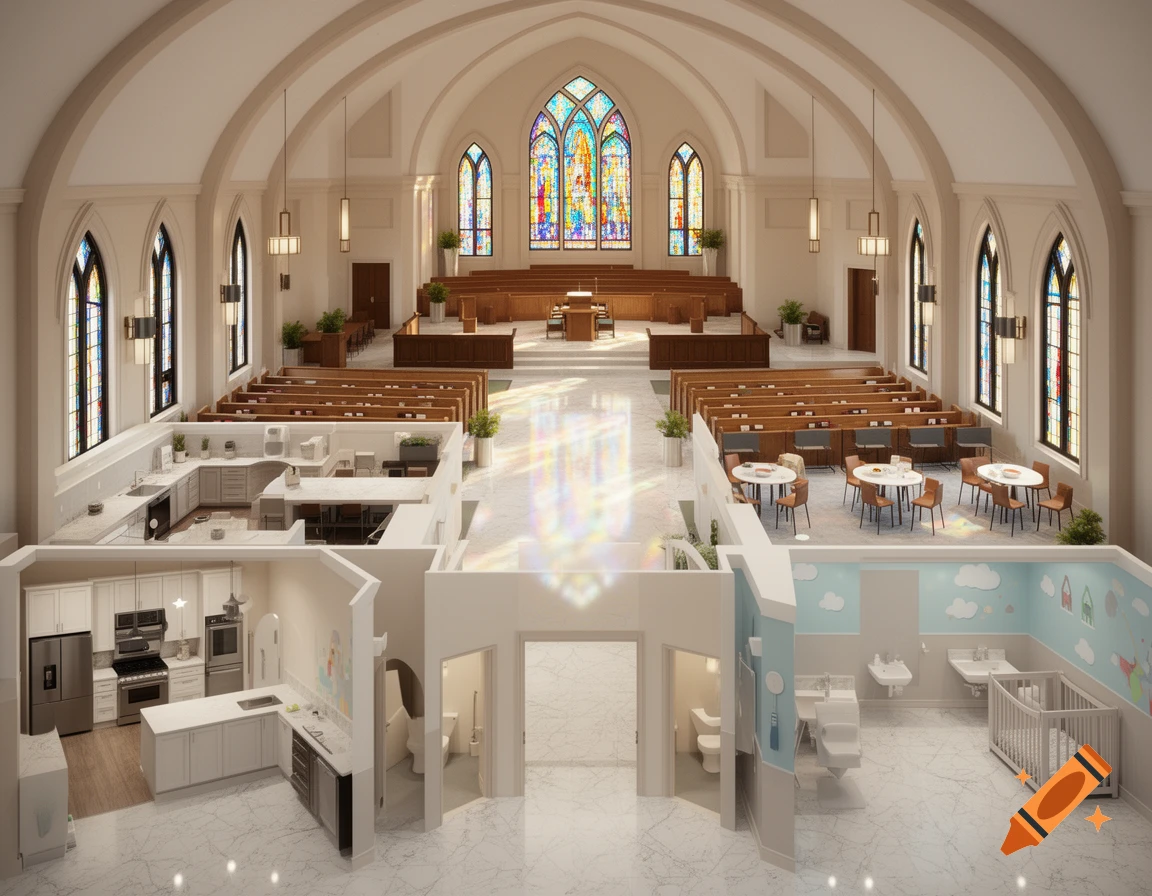 Photorealistic architectural rendering of a church addition featuring a sanctuary, kitchen, fellowship hall, bathrooms, and nursery.