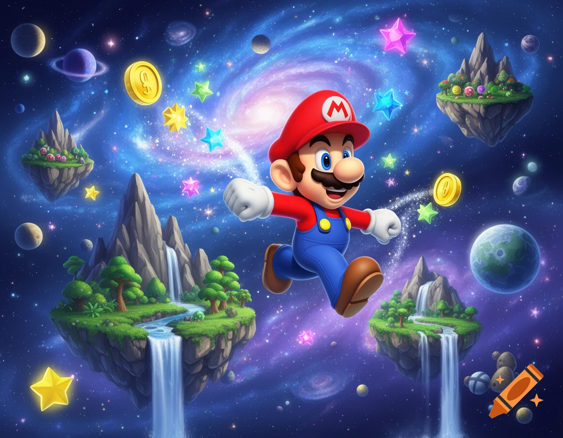 Super Mario runs through a vibrant galaxy filled with floating islands, waterfalls, planets, stars, and coins.