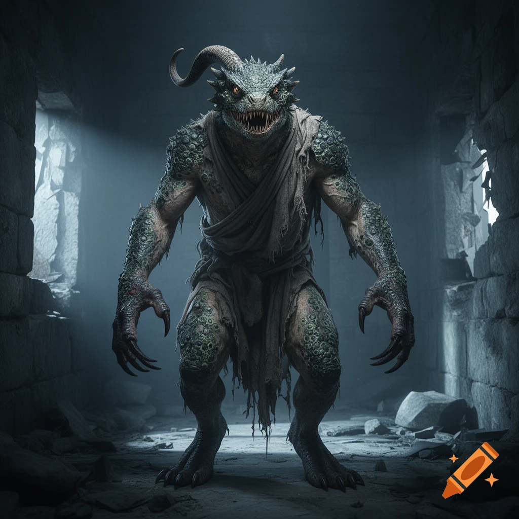 A scaly dragon-human hybrid monster with sharp teeth, claws, and a horn wears ragged clothes in a dark, ruined dungeon.