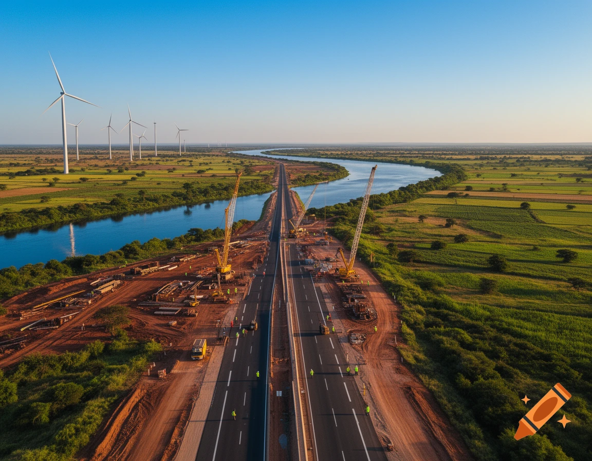 Aerial view of a new highway under construction, winding river, and wind turbines in a vast green landscape under a clear blue sky.