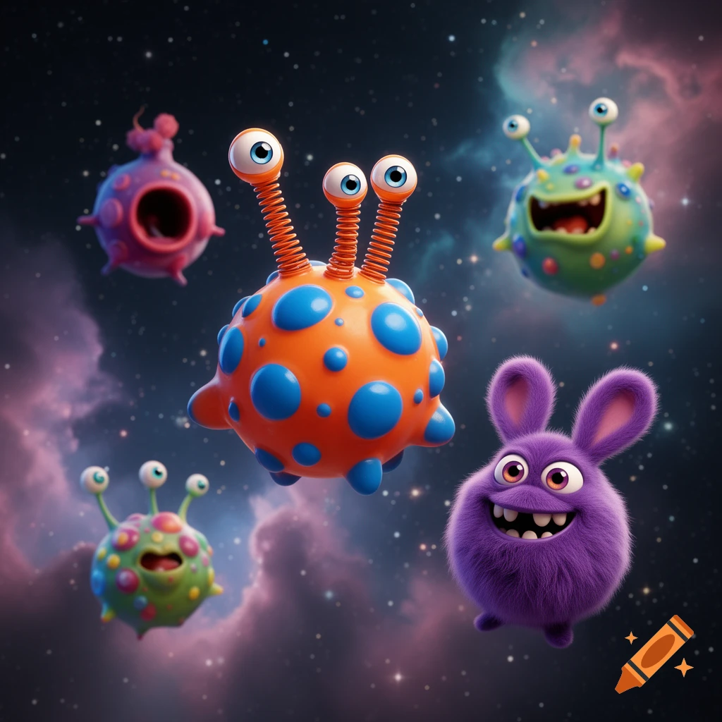 Colorful, funny cartoon monsters with big eyes and smiles floating in a starry cosmic background.