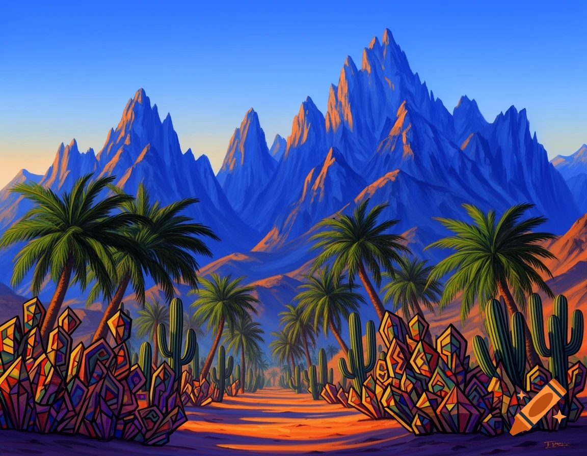 Vibrant, stylized desert landscape featuring blue mountains, palm trees, cacti, and colorful geometric crystal formations.