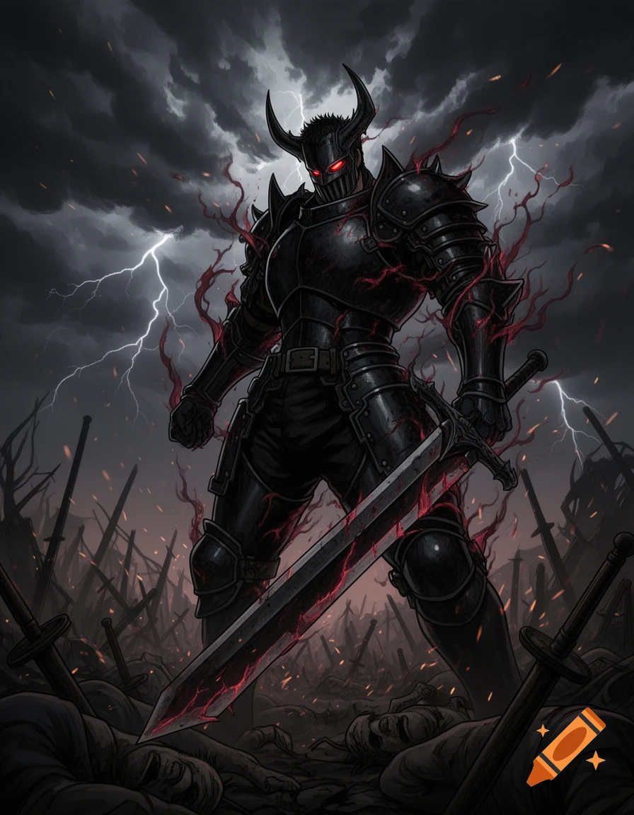 A formidable knight in black, horned armor with glowing red eyes, wielding a greatsword amidst a stormy battlefield with lightning and fallen bodies.
