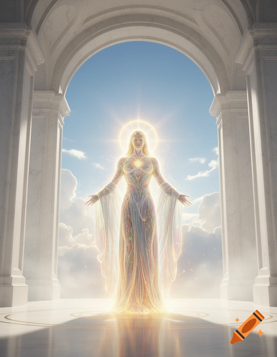 A glowing, ethereal figure with a halo stands with outstretched arms in a majestic white arched structure, looking out at a bright, cloudy sky.