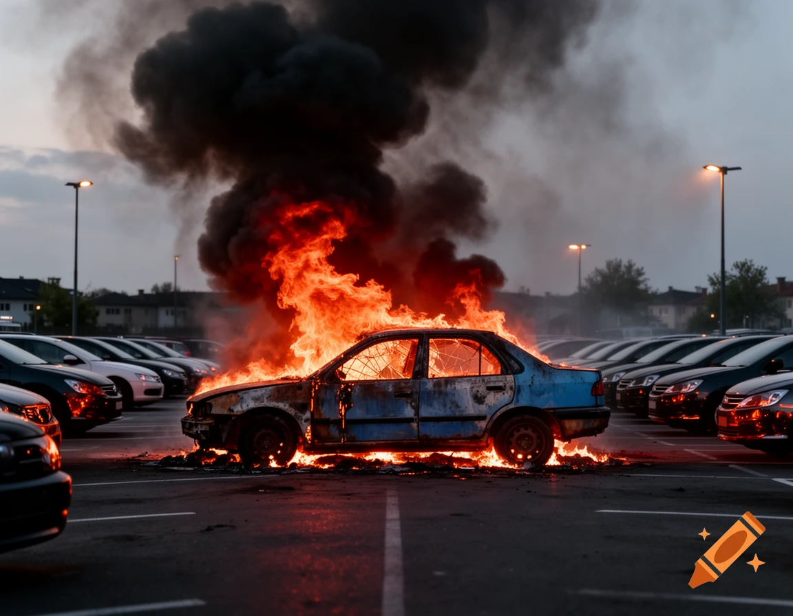 A blue car is engulfed in bright orange flames and thick black smoke in a parking lot, with other vehicles parked nearby at dusk.