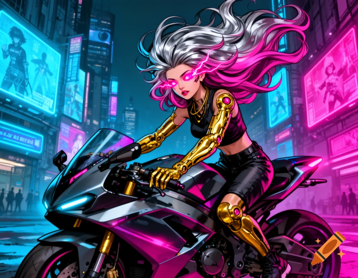 Comic art of a cyberpunk girl with silver and pink hair, pink glowing eyes, and gold cybernetics on a sport bike in a neon city.