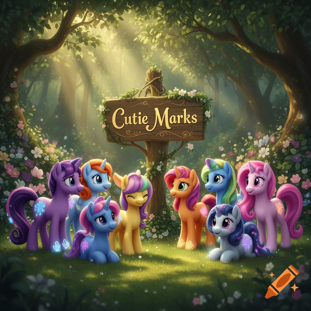Seven colorful cartoon ponies gathered around a wooden sign reading 'Cutie Marks' in a sunny, magical forest.