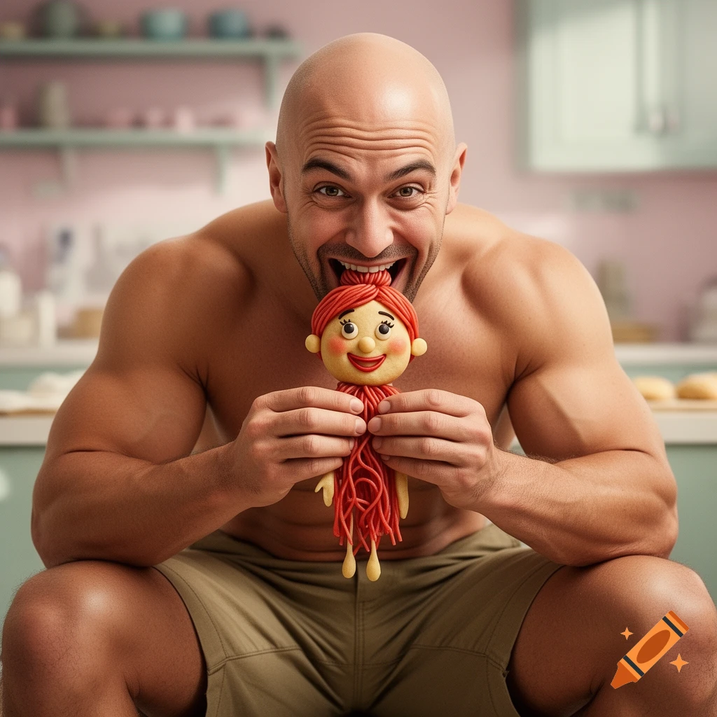 A smiling bald, muscular man bites the head of a cheerful dough doll with red spaghetti hair, in a photorealistic style.
