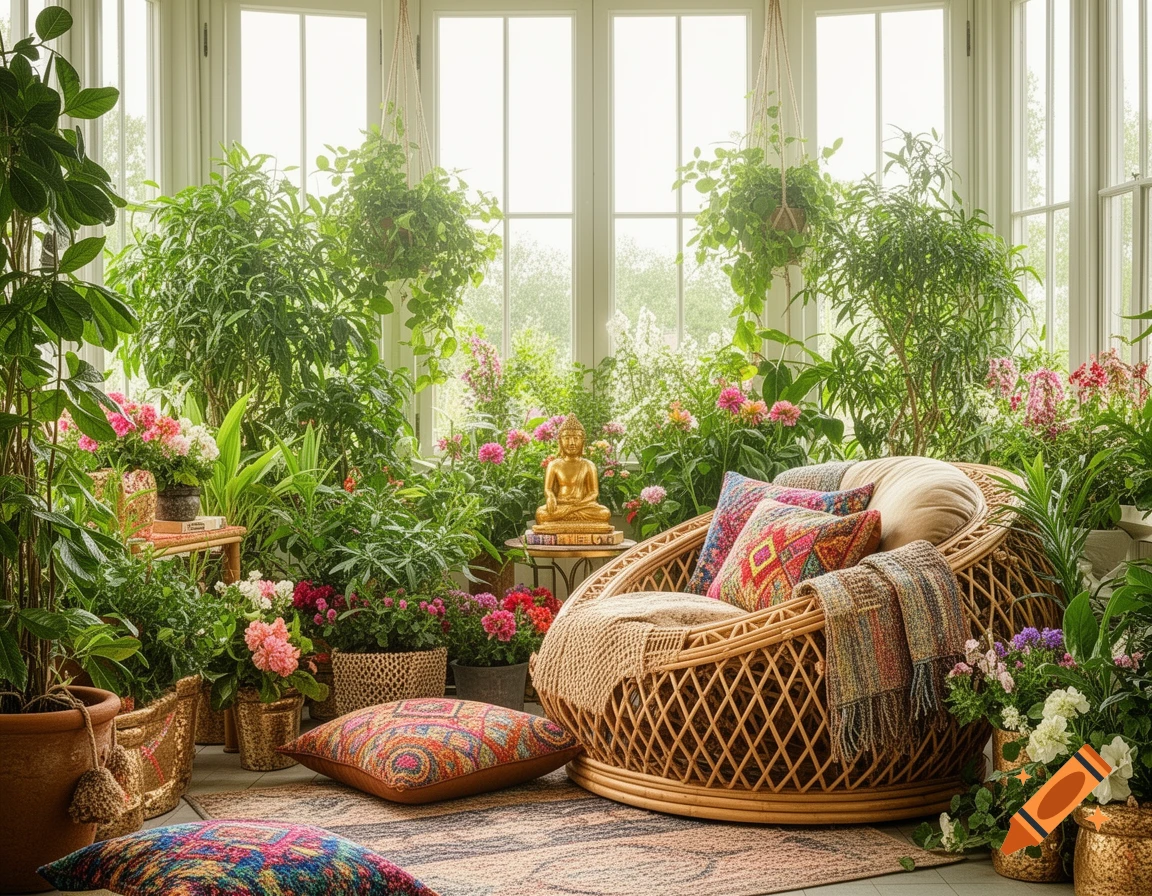 A bright sunroom filled with lush green plants and colorful flowers, a cozy rattan armchair with patterned cushions and a golden Buddha.