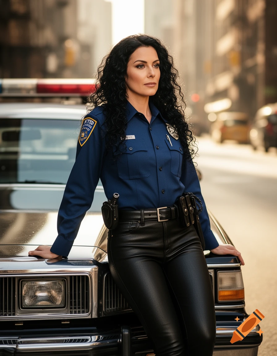 A woman in a blue police shirt and black leather pants leans on a police car on a city street.