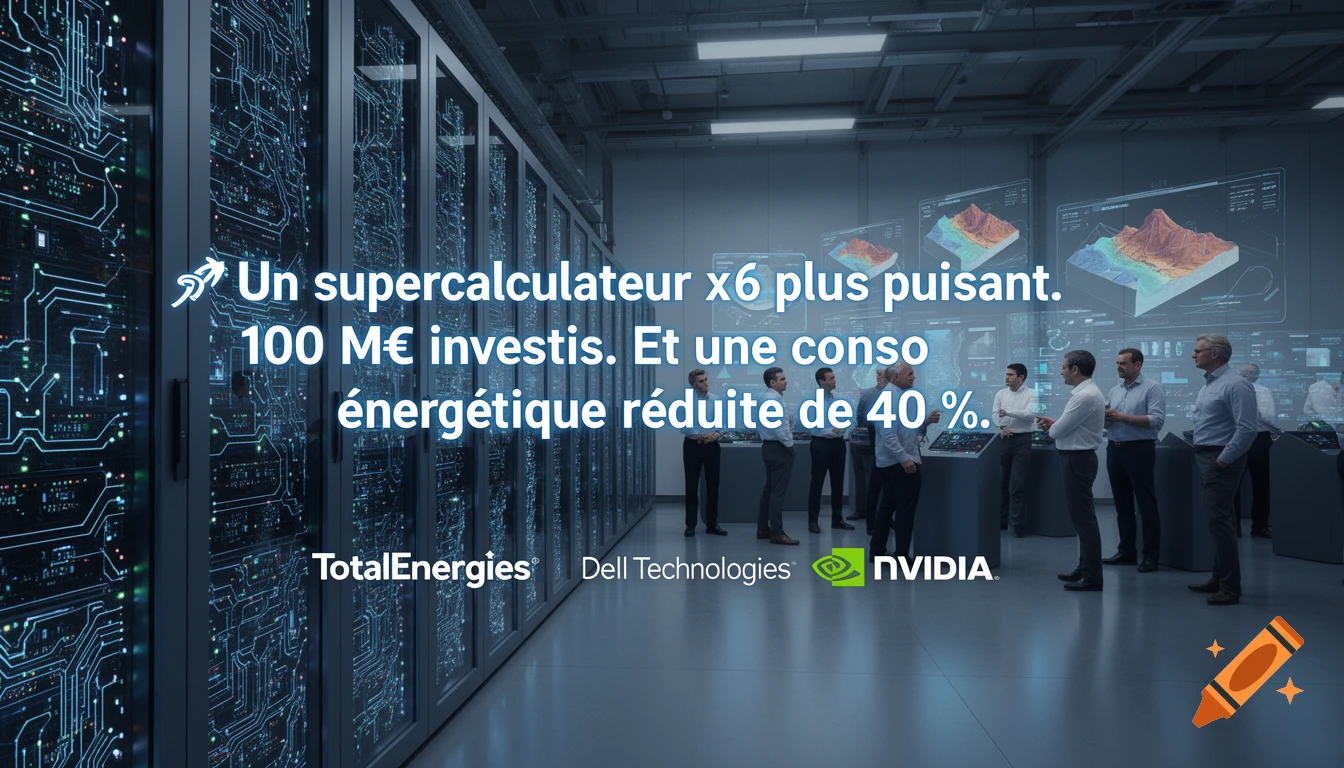 A group of business professionals in a modern data center with server racks and screens, overlaid with French text announcing a powerful supercomputer, investment, and reduced energy consumption, featuring TotalEnergies, Dell Technologies, and NVIDIA logos.