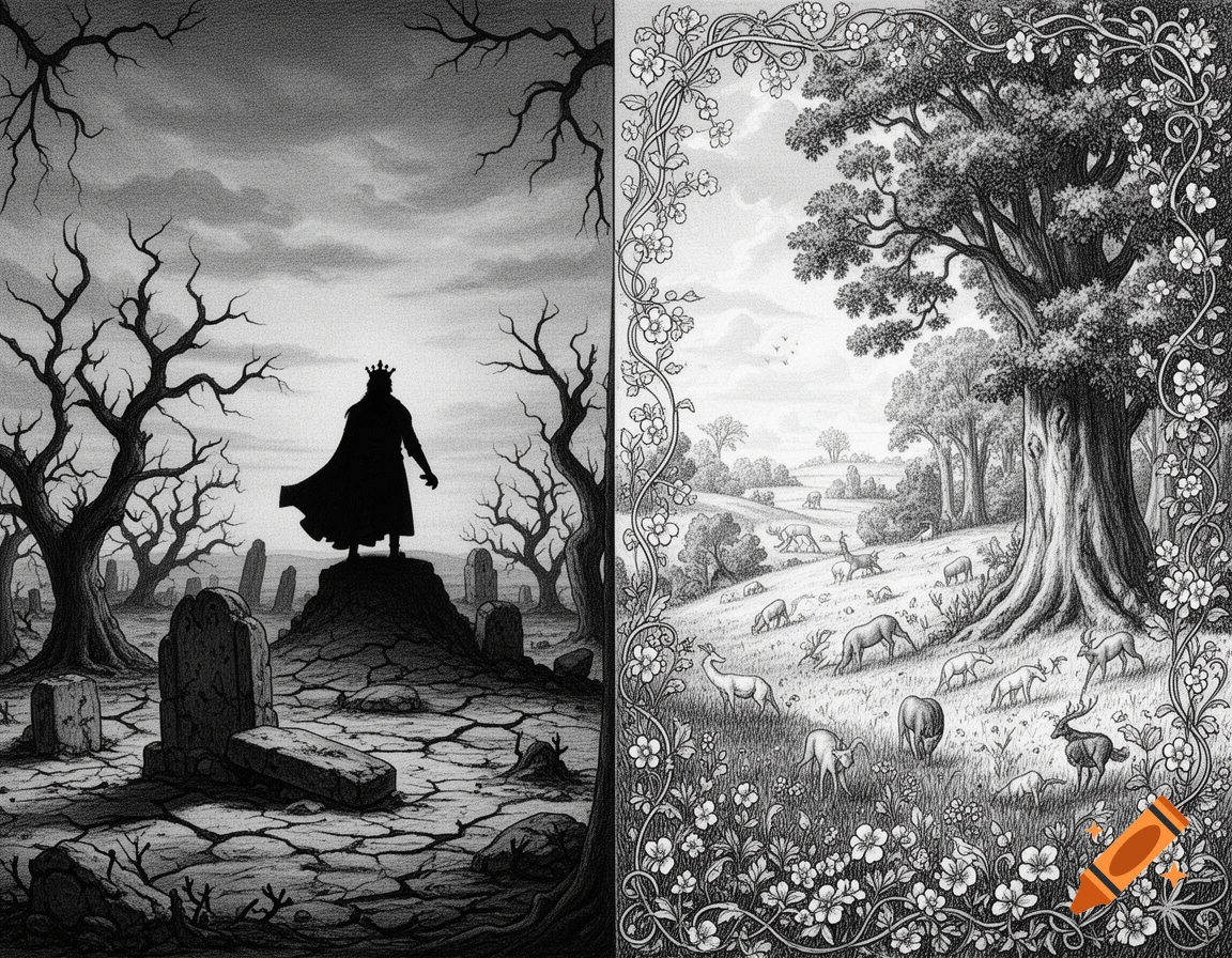 A black and white fairy tale illustration shows a desolate graveyard with a king silhouette on one side and a lush, deer-filled forest on the other.