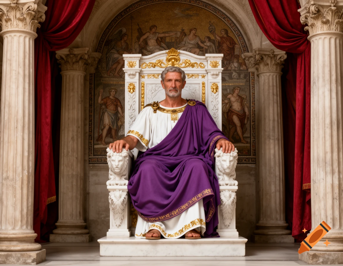 A man dressed as a Roman emperor, with a white toga and purple cloak, sits on an ornate white and gold throne in a grand hall.