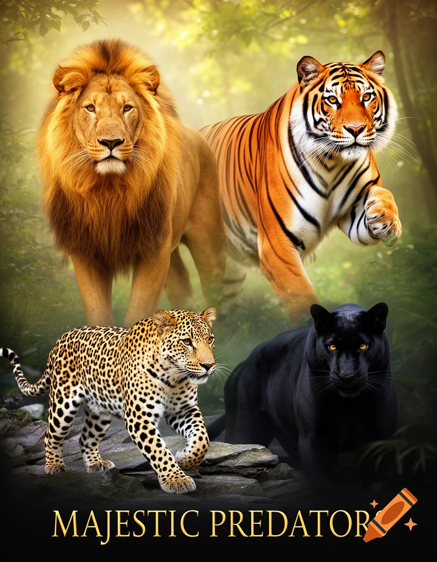 A photorealistic poster featuring a lion, tiger, leopard, and black panther in a lush forest with the text 'MAJESTIC PREDATORS'.