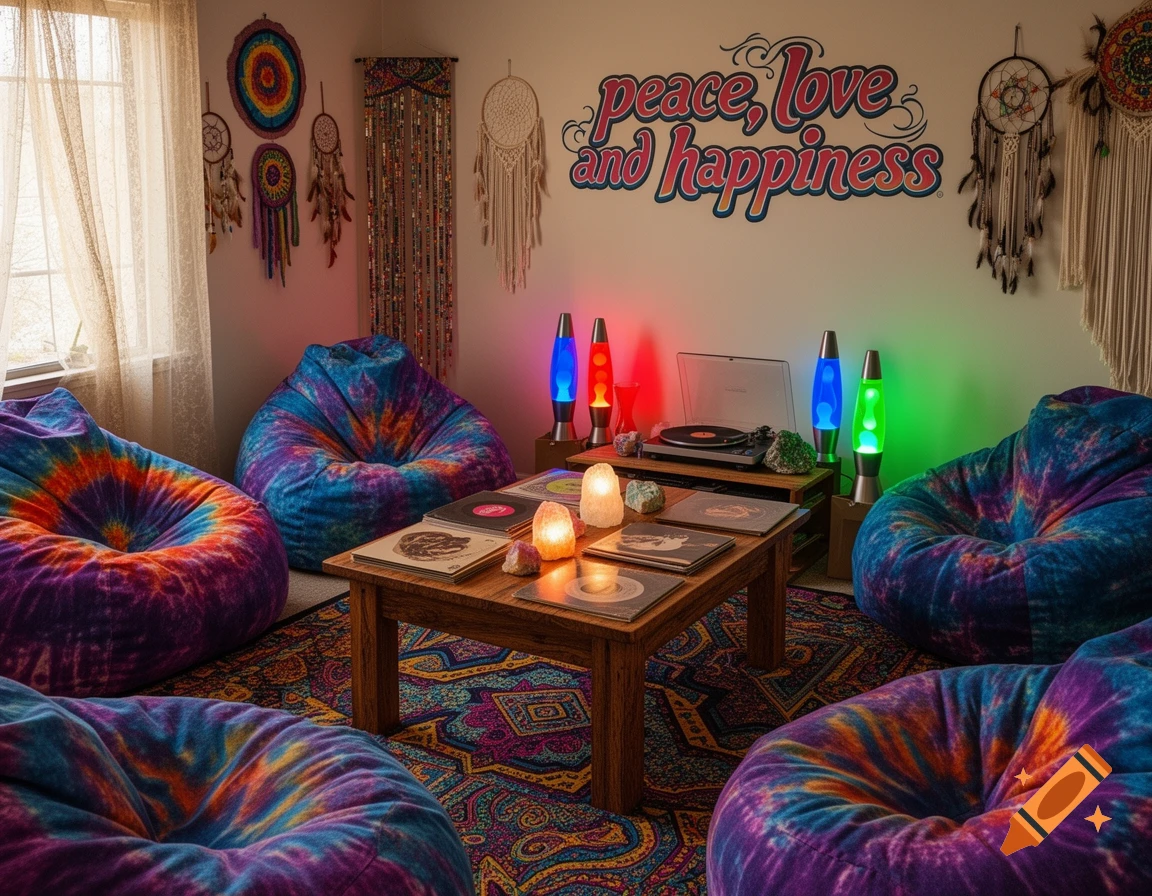 A vibrant hippie lounge room with tie-dye beanbag chairs, lava lamps, a record player, and 'peace, love and happiness' on the wall.