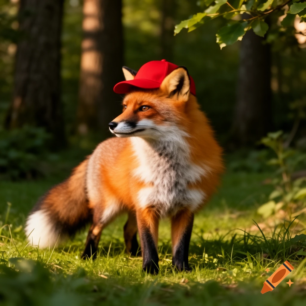 A photorealistic red fox wearing a red baseball cap stands in a sunlit ...