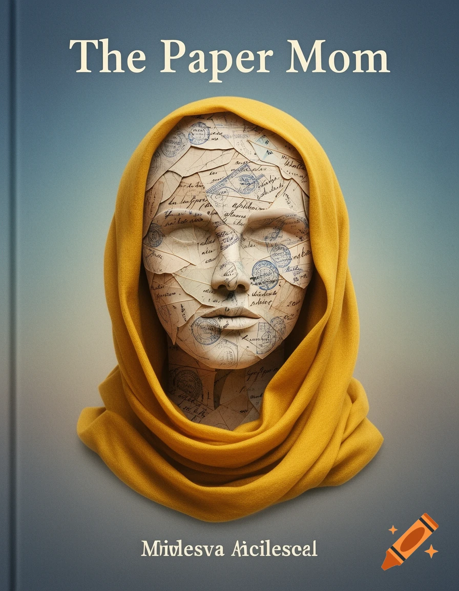 A book cover featuring a human head made of layered paper scraps, some with script and stamps, wearing a yellow headscarf, against a blue and gray background. The title "The Paper Mom" is at the top, and "Mivlesva Aicilescal" is at the bottom.