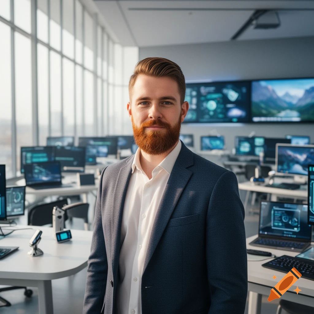 A man with a reddish-brown beard and suit jacket stands in a modern office with many computer screens, looking at the camera.