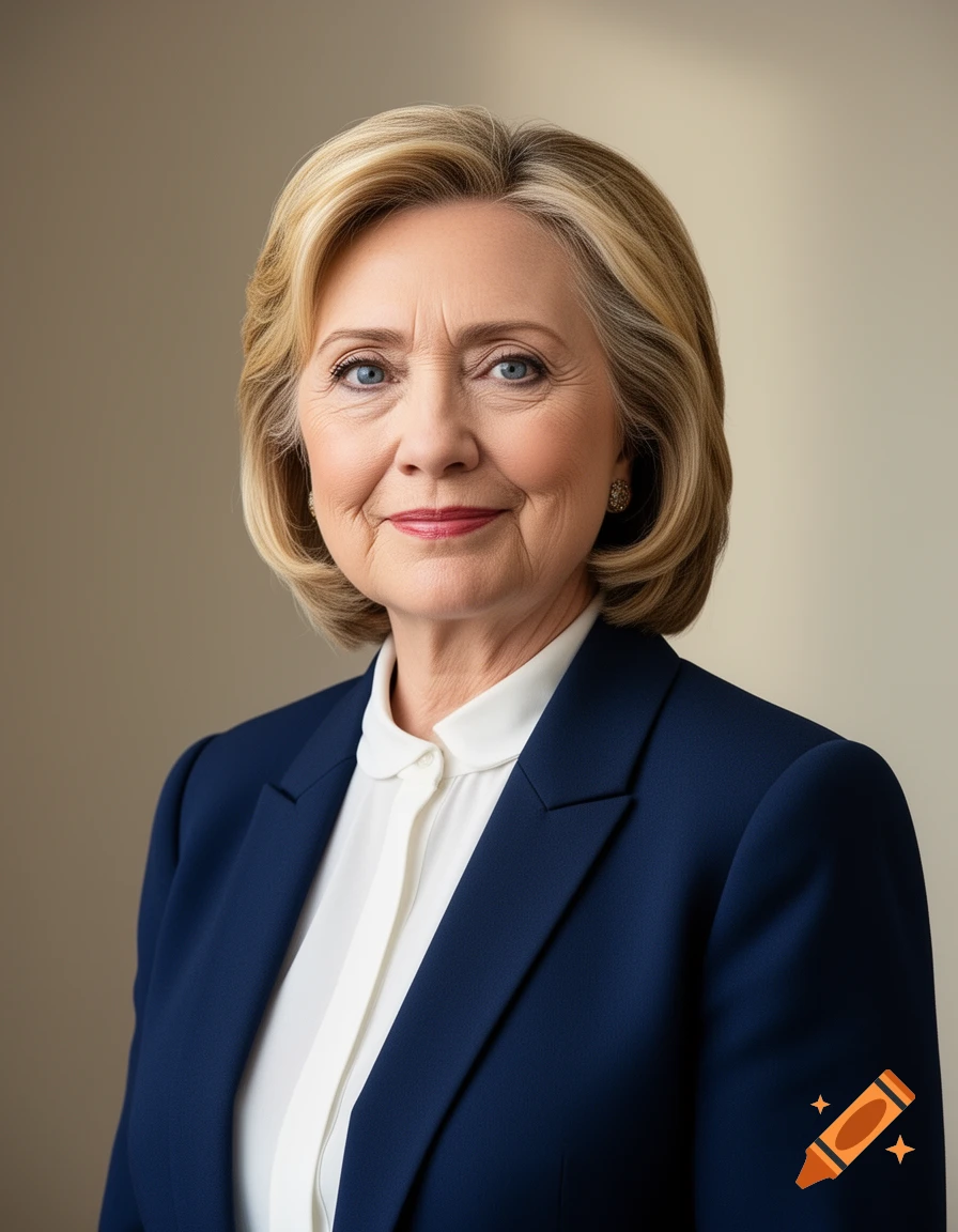 Photorealistic portrait of Hillary Clinton, a woman with blonde hair in a blue blazer and white blouse, smiling at the viewer.
