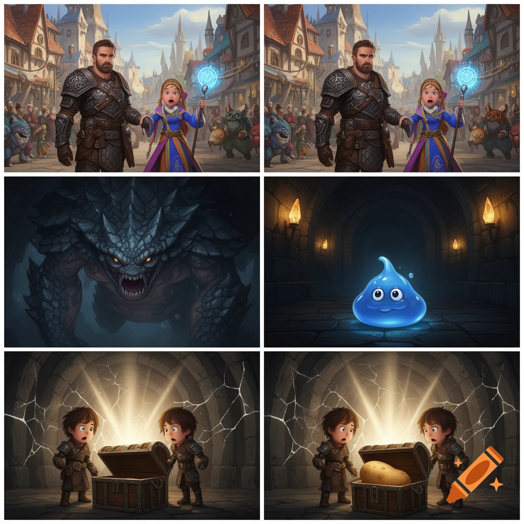 A 3x2 grid of fantasy RPG scenes: a warrior and mage in a bustling city; a fierce dragon; a cute blue slime; and two kids finding a potato in a treasure chest.