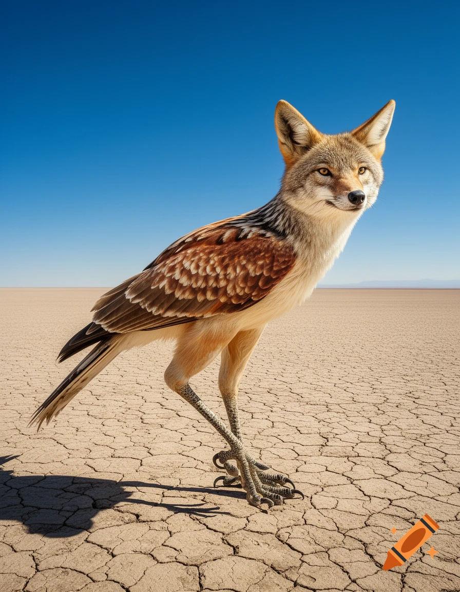 A photorealistic hybrid creature with a coyote head, feathered body, and long bird legs stands on cracked desert earth under a clear blue sky.