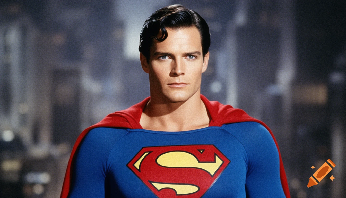 A photorealistic portrait of Christopher Reeve as Superman, in his blue suit with the red S shield and cape, against a blurred city.