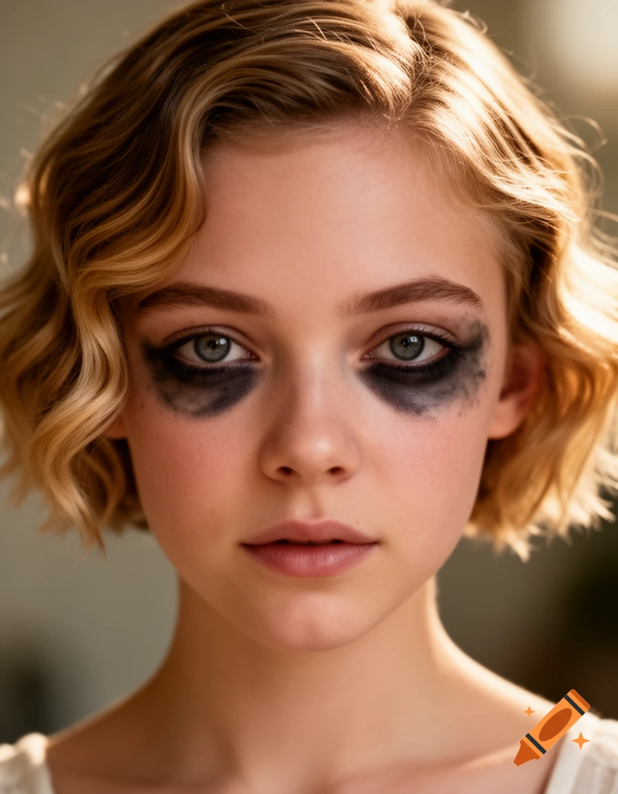 Close-up photorealistic portrait of a young woman with short blonde wavy hair and dark, smudged makeup around her eyes.